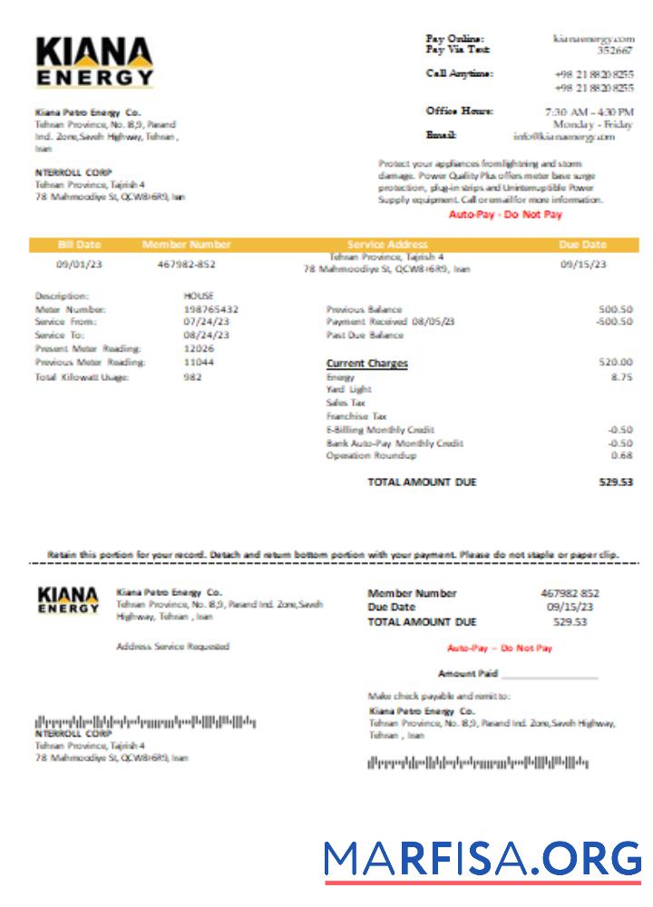 Printable Kiana Petro Energy Co utility business bill, SCR template